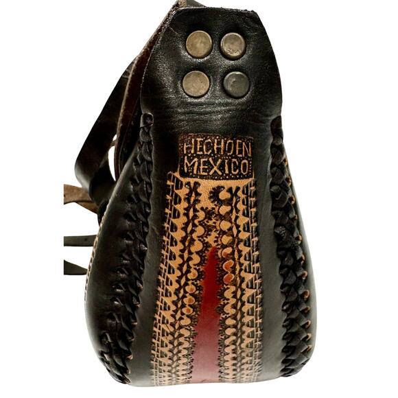 Vintage Leather Crossbody Bag Handmade in Mexico - Red Beige Black - Mint Cond! - Picture 4 of 11